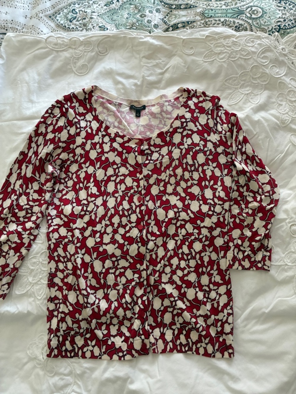 Talbots Red and Cream Floral Long Sleeve Cardigan